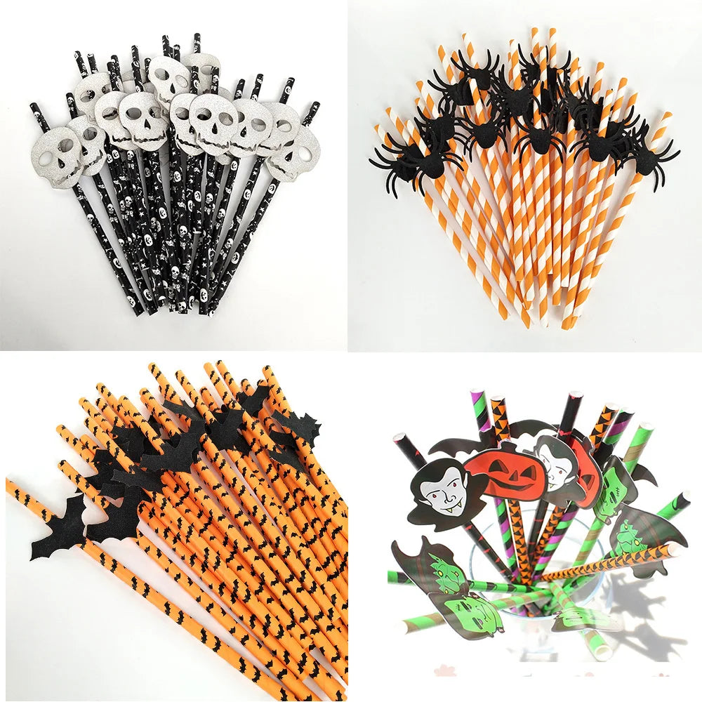25Pcs Halloween Disposable Party Straws Bat Skull Drinking Straws Holiday Bar Home Party Halloween Decoration