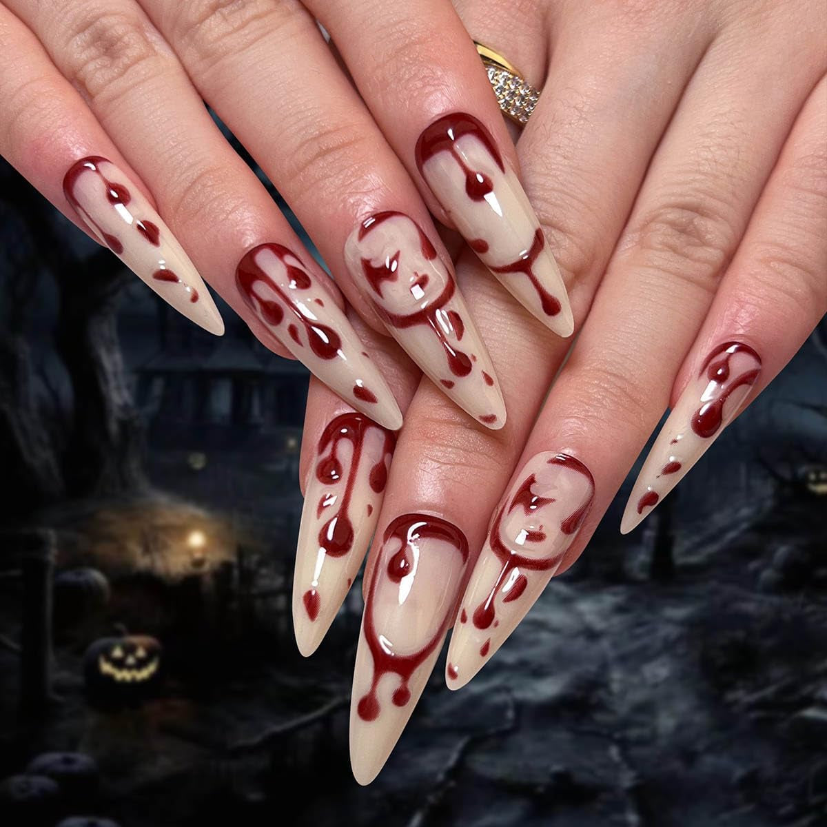 24 Pz Stile Francese Lungo Puntato Sangue Goccia Falso Chiodo Rosso Fiamma Tinto Unghie False Halloween Unghie False Stampa Su Unghie per Le Donne (A, 24)