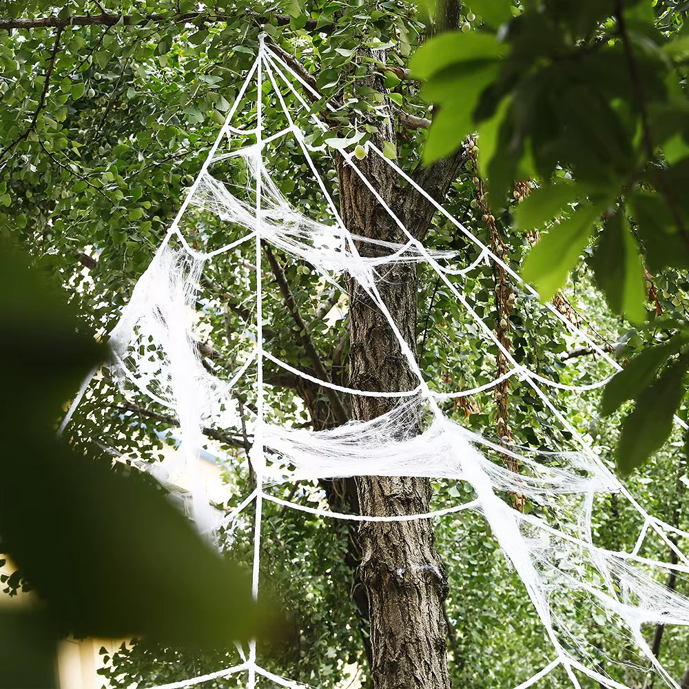 Giant Spider Web Triangular Mega White Stretch Cobweb for Yard Halloween Decorations Outdoor Halloween Spider Decor Supplies