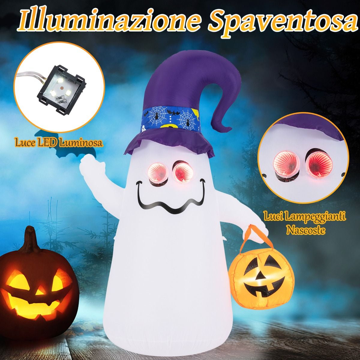 Halloween Inflatabile 180Cm Con Jack-O-Lantern Cappello Da Strega Luce Ad Effetto Specchio Infinito, Fantasma Carino