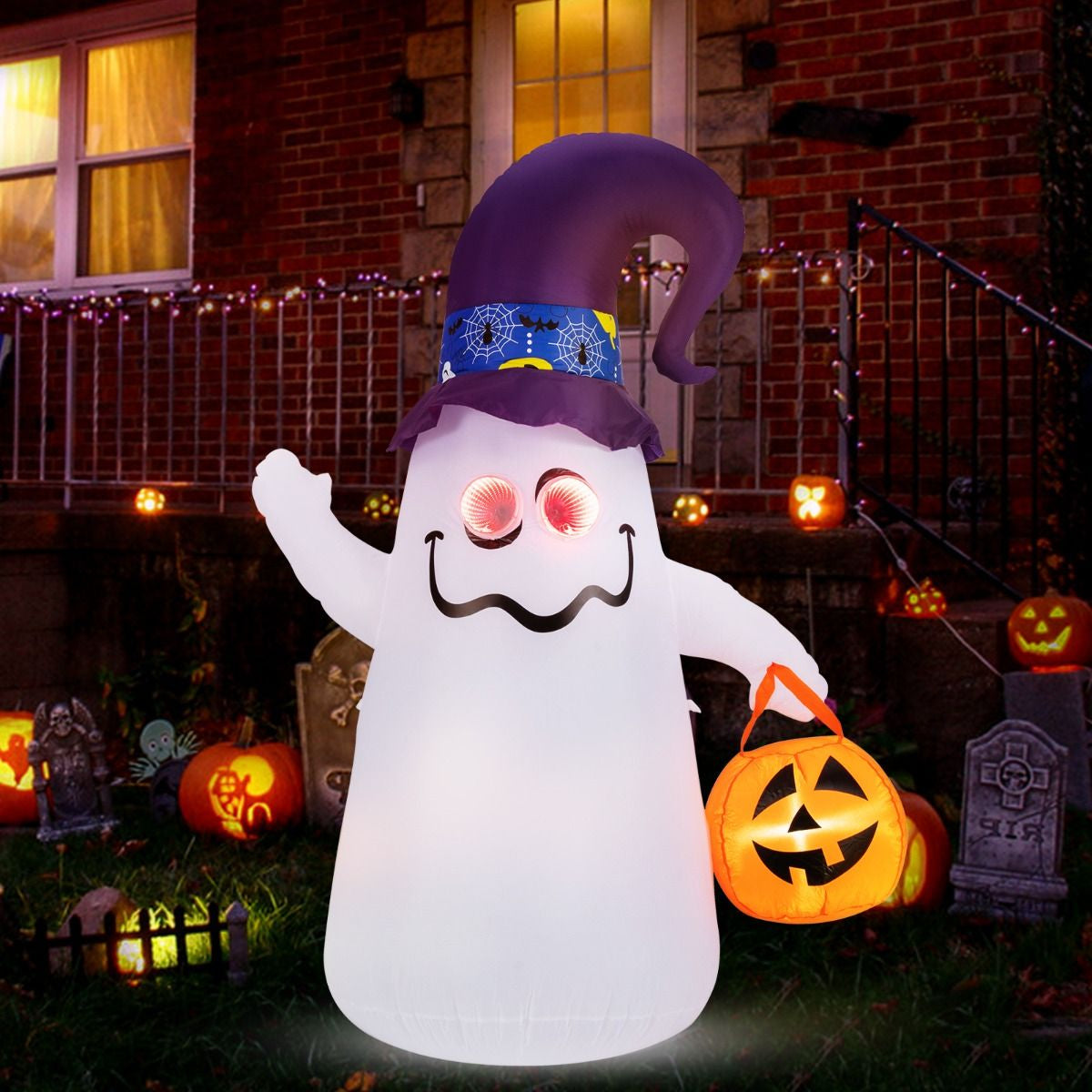 Halloween Inflatabile 180Cm Con Jack-O-Lantern Cappello Da Strega Luce Ad Effetto Specchio Infinito, Fantasma Carino
