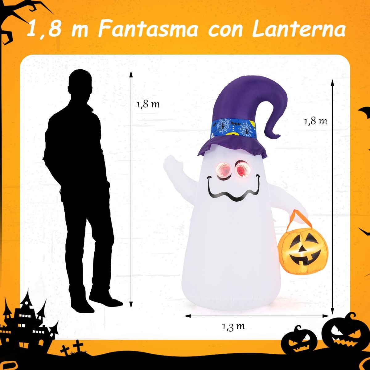 Halloween Inflatabile 180Cm Con Jack-O-Lantern Cappello Da Strega Luce Ad Effetto Specchio Infinito, Fantasma Carino