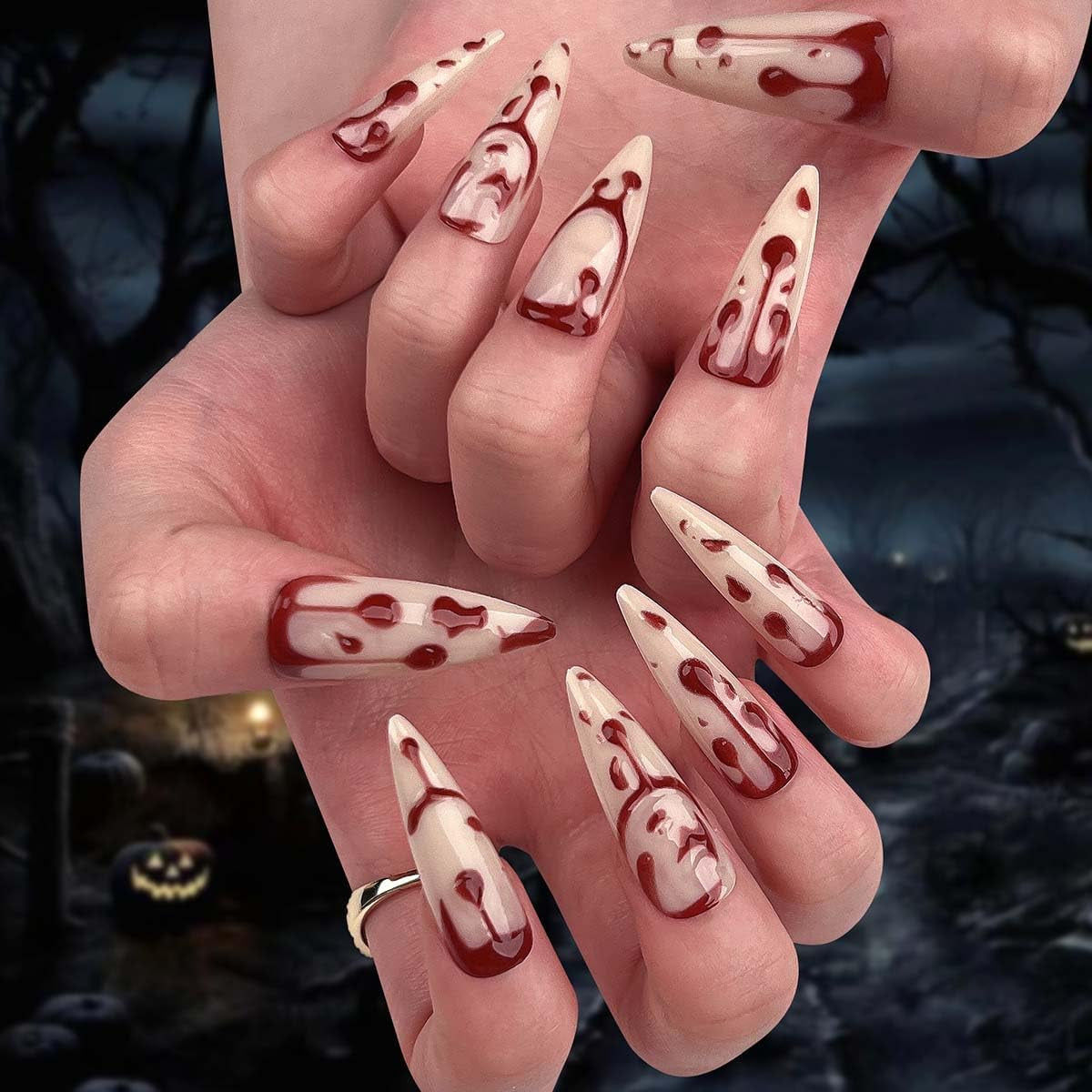 24 Pz Stile Francese Lungo Puntato Sangue Goccia Falso Chiodo Rosso Fiamma Tinto Unghie False Halloween Unghie False Stampa Su Unghie per Le Donne (A, 24)