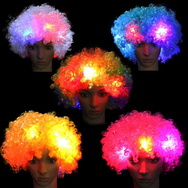 1Pcs LED Explosion Wig Clown Funny Light Curly Fans Circus Cosplay Birthday Rave Costume Glow Party Supplies Wedding Festival