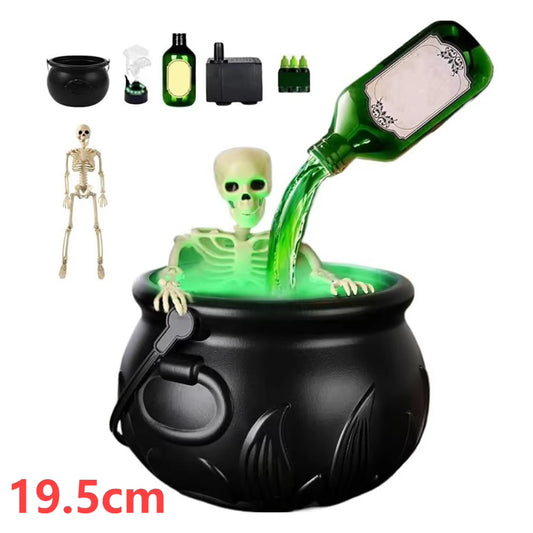 Witch Bowl Spooky Witch Mist Maker Cauldron with Floating Bottle Black Plastic Cauldron & Skeleton Halloween Decor LED Cauldron