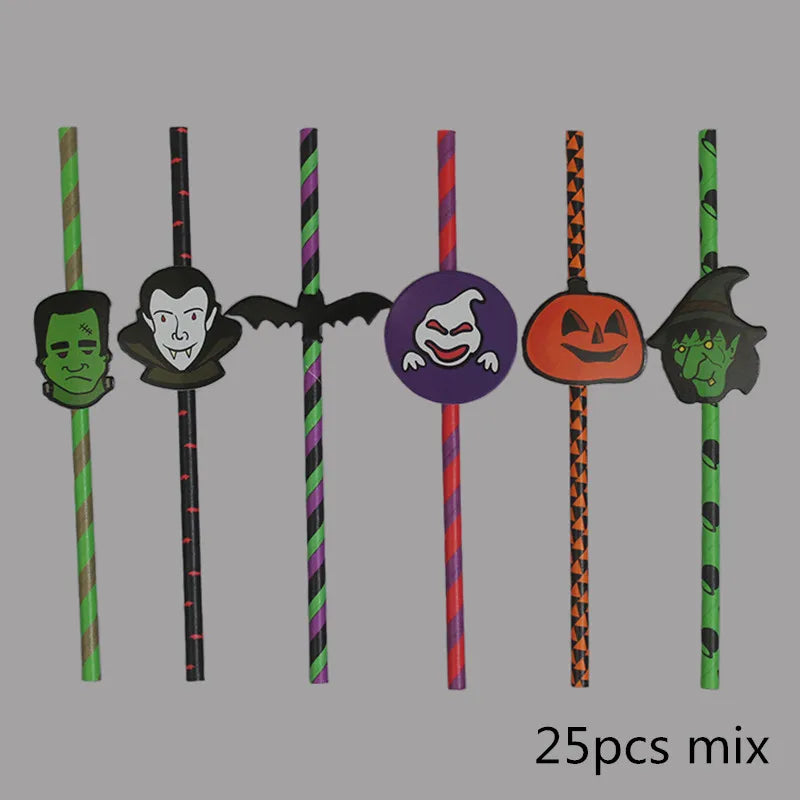 25Pcs Halloween Disposable Party Straws Bat Skull Drinking Straws Holiday Bar Home Party Halloween Decoration
