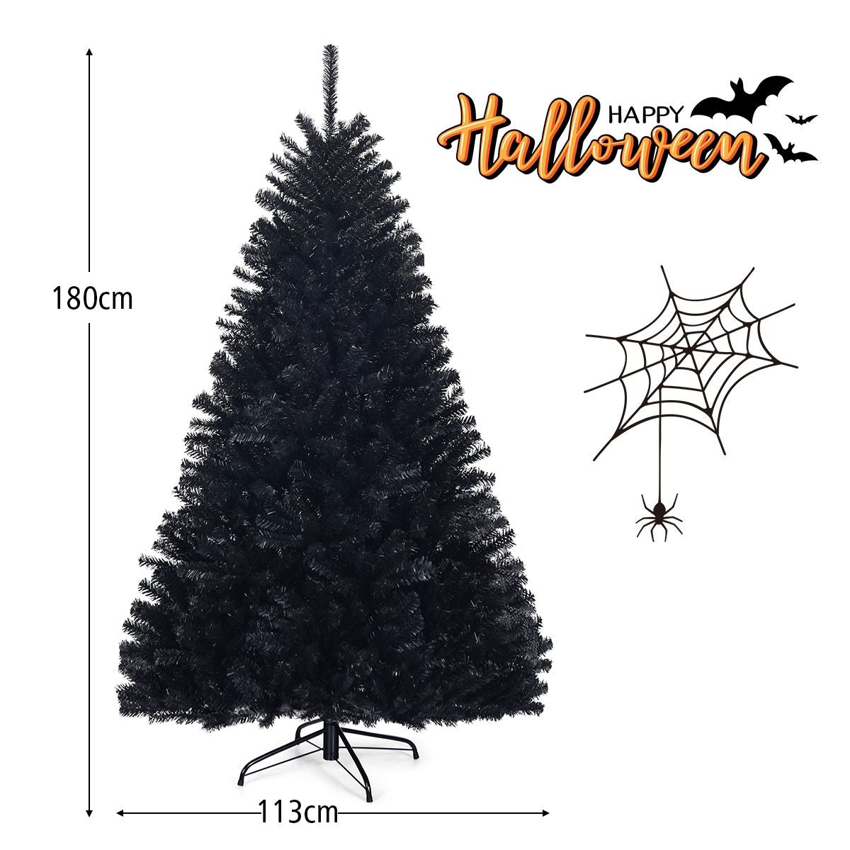 Albero Di Natale 180 Cm, 1036 Rami, Abete Artificiale Non Illuminato Con Base Solida Di Metallo, Nero