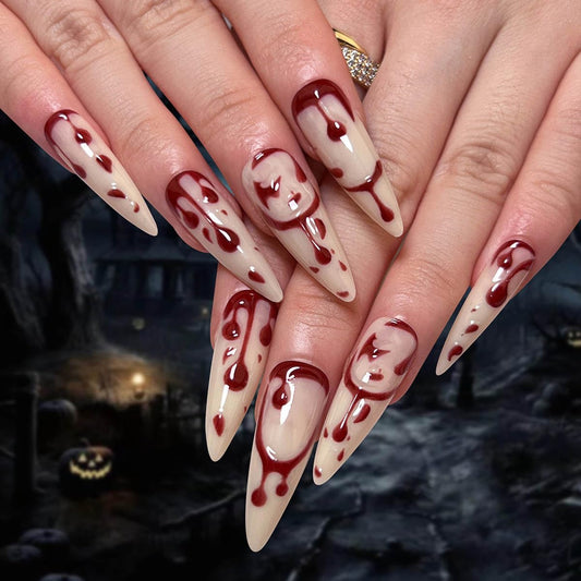 24 Pz Stile Francese Lungo Puntato Sangue Goccia Falso Chiodo Rosso Fiamma Tinto Unghie False Halloween Unghie False Stampa Su Unghie per Le Donne (A, 24)