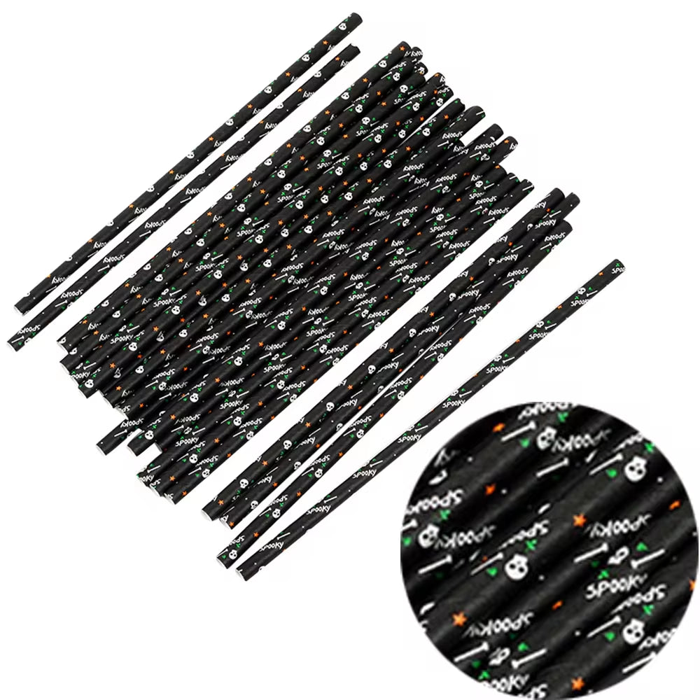 25Pcs Halloween Disposable Party Straws Bat Skull Drinking Straws Holiday Bar Home Party Halloween Decoration