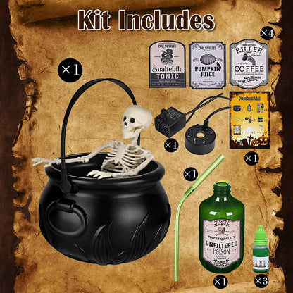 Witch Bowl Spooky Witch Mist Maker Cauldron with Floating Bottle Black Plastic Cauldron & Skeleton Halloween Decor LED Cauldron