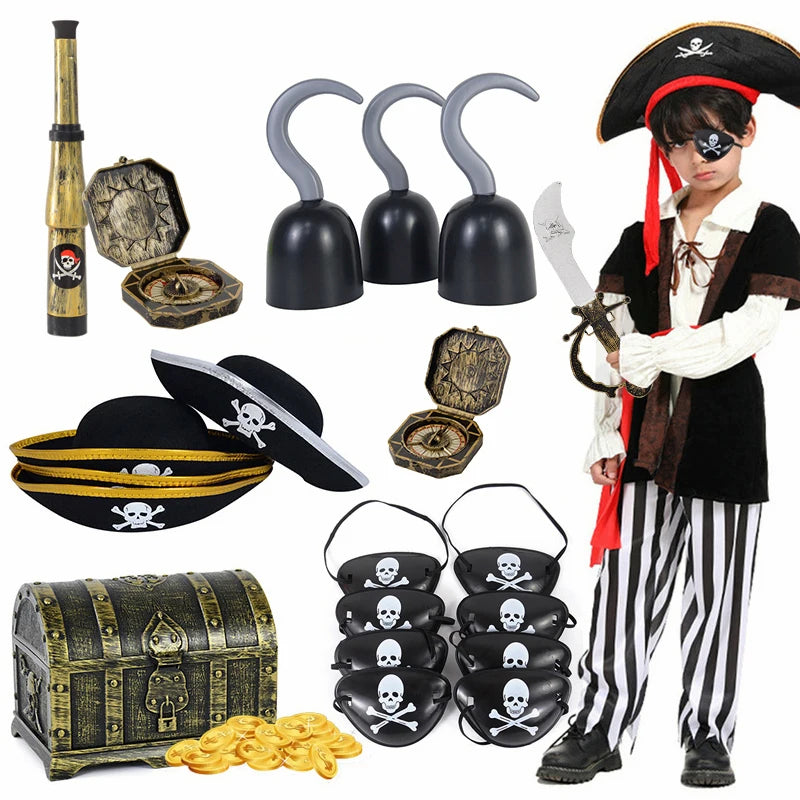 Pirate Captain Cosplay Costume Props Set Kids Halloween Hat Hook Skeleton Eye Patch Pirate Party Halloween Decoration Supplies