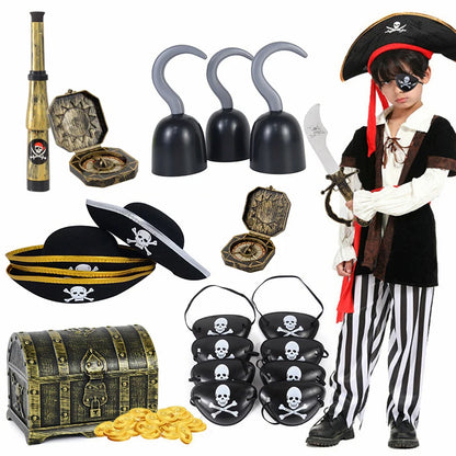 Pirate Captain Cosplay Costume Props Set Kids Halloween Hat Hook Skeleton Eye Patch Pirate Party Halloween Decoration Supplies