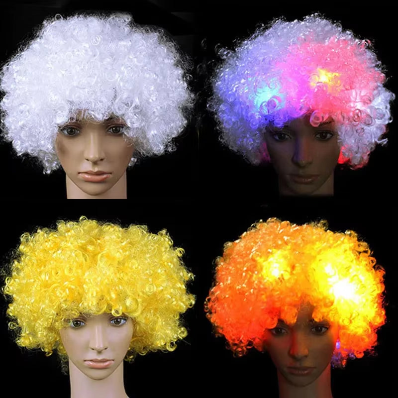 1Pcs LED Explosion Wig Clown Funny Light Curly Fans Circus Cosplay Birthday Rave Costume Glow Party Supplies Wedding Festival