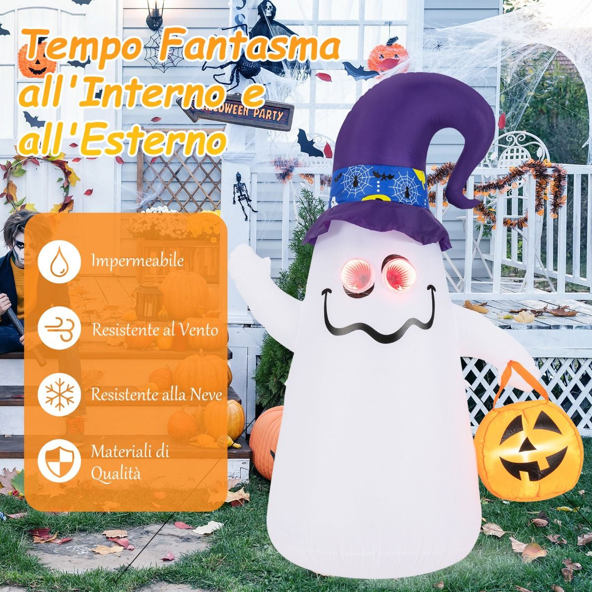 Halloween Inflatabile 180Cm Con Jack-O-Lantern Cappello Da Strega Luce Ad Effetto Specchio Infinito, Fantasma Carino