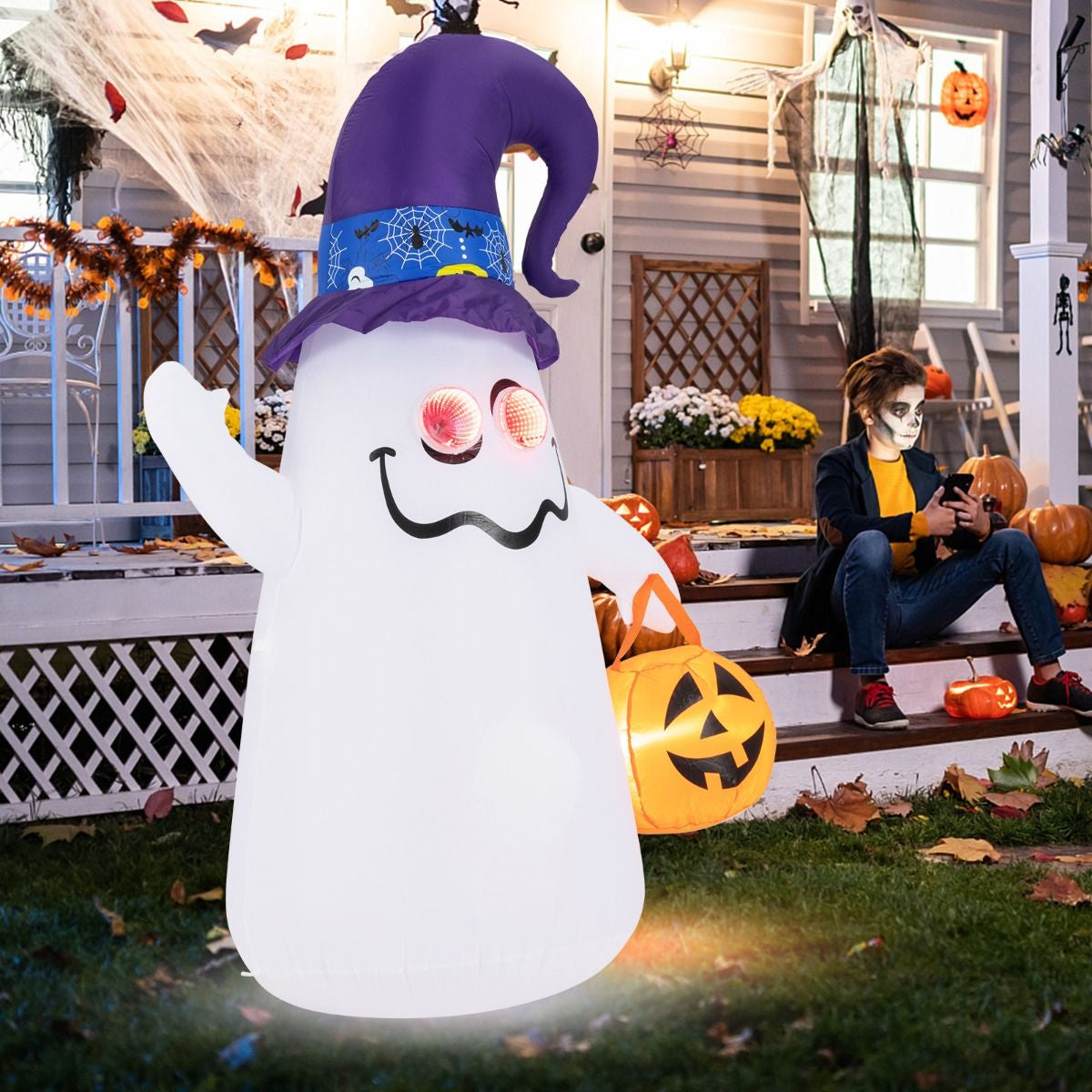 Halloween Inflatabile 180Cm Con Jack-O-Lantern Cappello Da Strega Luce Ad Effetto Specchio Infinito, Fantasma Carino