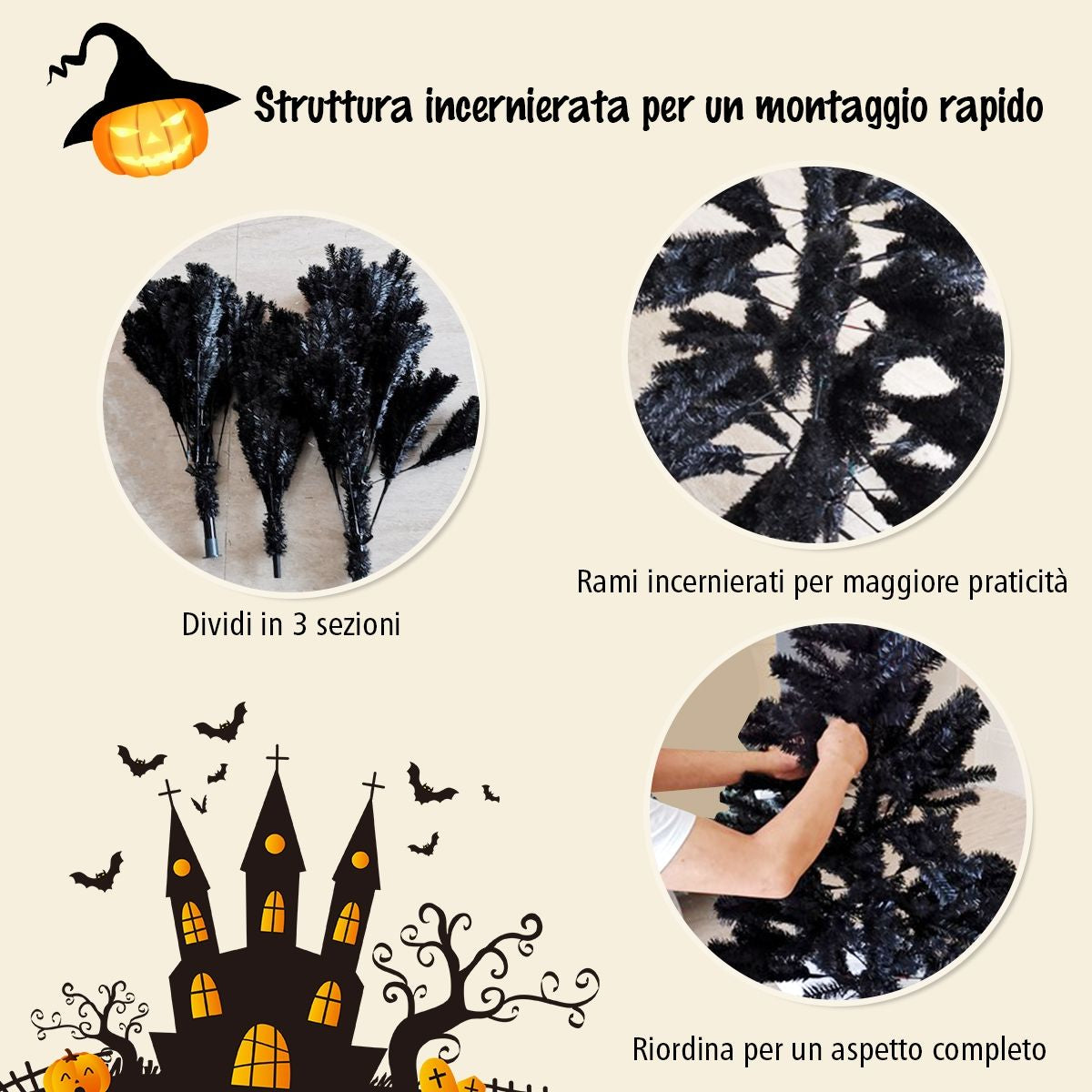 Albero Di Natale 180 Cm, 1036 Rami, Abete Artificiale Non Illuminato Con Base Solida Di Metallo, Nero