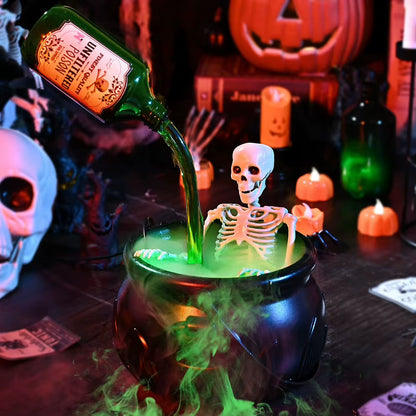 Witch Bowl Spooky Witch Mist Maker Cauldron with Floating Bottle Black Plastic Cauldron & Skeleton Halloween Decor LED Cauldron