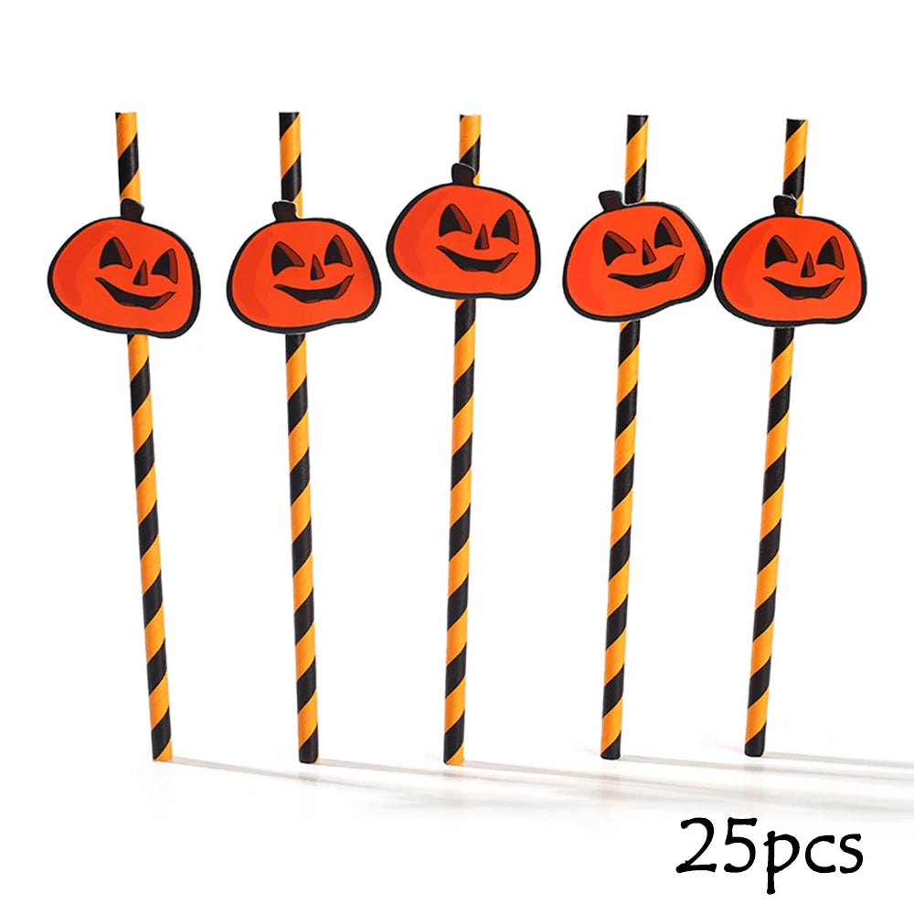 25Pcs Halloween Disposable Party Straws Bat Skull Drinking Straws Holiday Bar Home Party Halloween Decoration