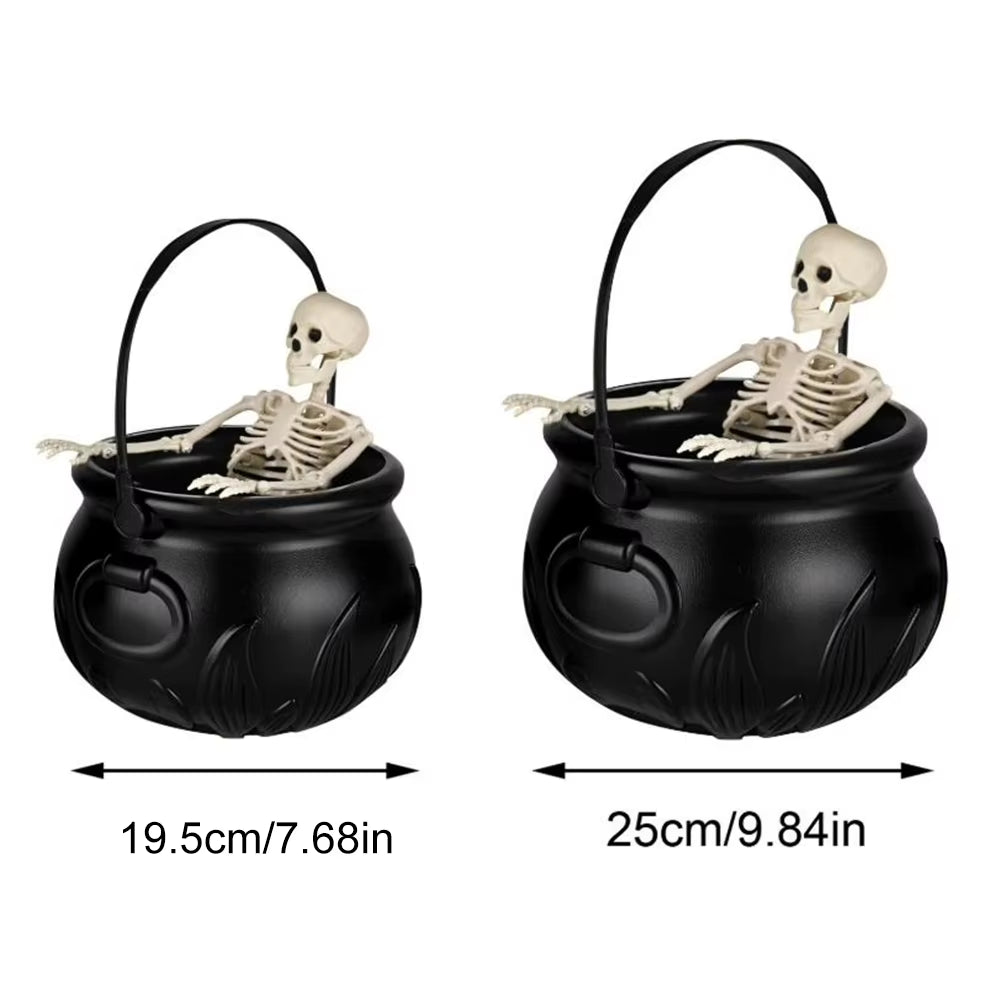 Witch Bowl Spooky Witch Mist Maker Cauldron with Floating Bottle Black Plastic Cauldron & Skeleton Halloween Decor LED Cauldron