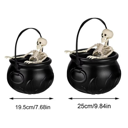 Witch Bowl Spooky Witch Mist Maker Cauldron with Floating Bottle Black Plastic Cauldron & Skeleton Halloween Decor LED Cauldron