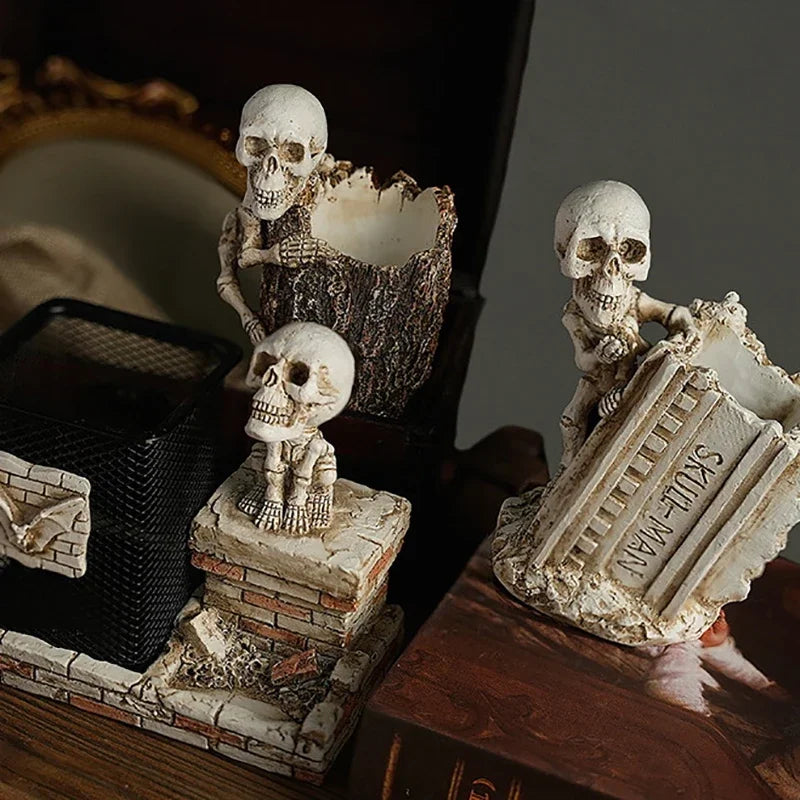 Halloween Skull Pen Pencil Holder Skeleton Key Holder Makeup Brush Holder Home Office Desk Supplies Organizer Accessory Gifts
