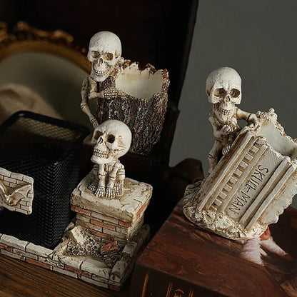 Halloween Skull Pen Pencil Holder Skeleton Key Holder Makeup Brush Holder Home Office Desk Supplies Organizer Accessory Gifts