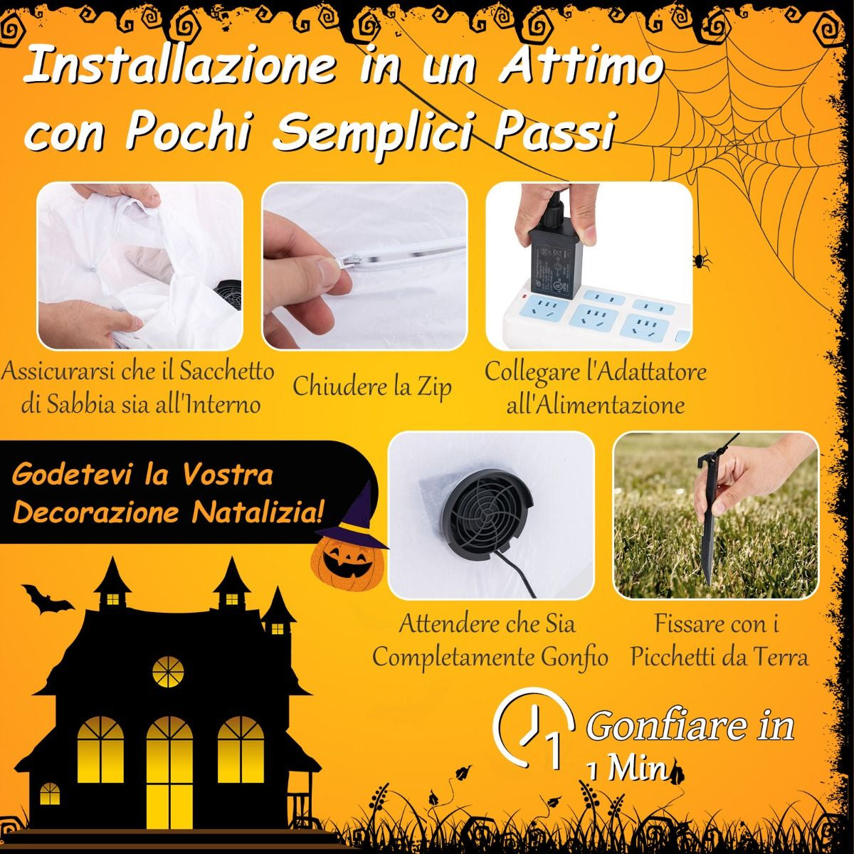 Halloween Inflatabile 180Cm Con Jack-O-Lantern Cappello Da Strega Luce Ad Effetto Specchio Infinito, Fantasma Carino