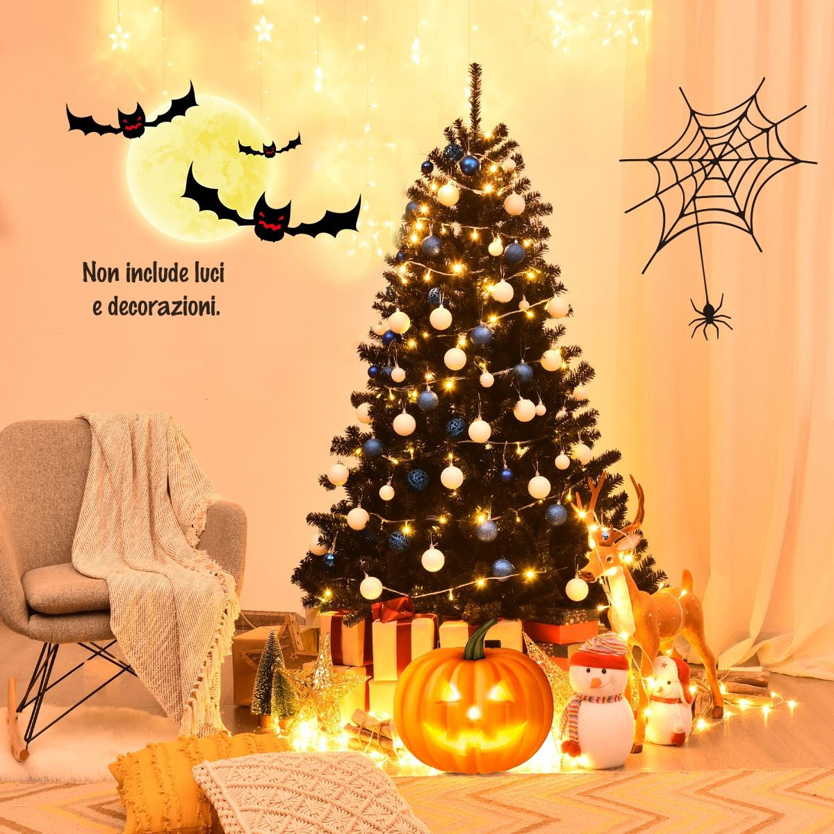 Albero Di Natale 180 Cm, 1036 Rami, Abete Artificiale Non Illuminato Con Base Solida Di Metallo, Nero