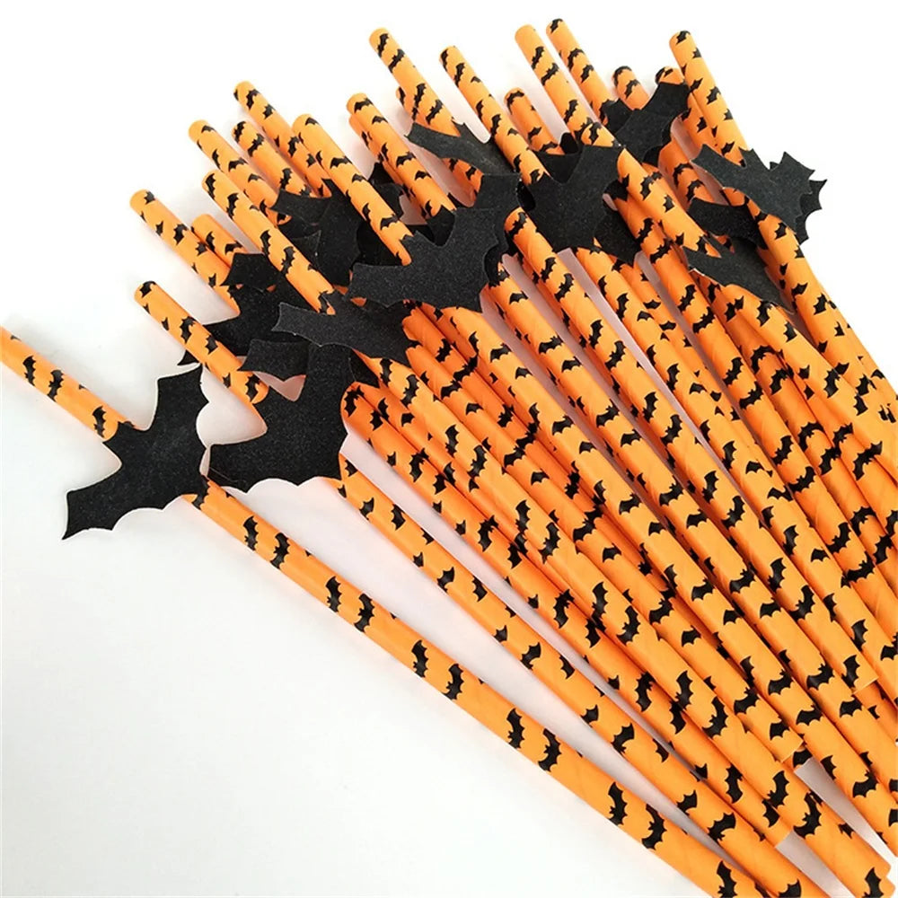 25Pcs Halloween Disposable Party Straws Bat Skull Drinking Straws Holiday Bar Home Party Halloween Decoration