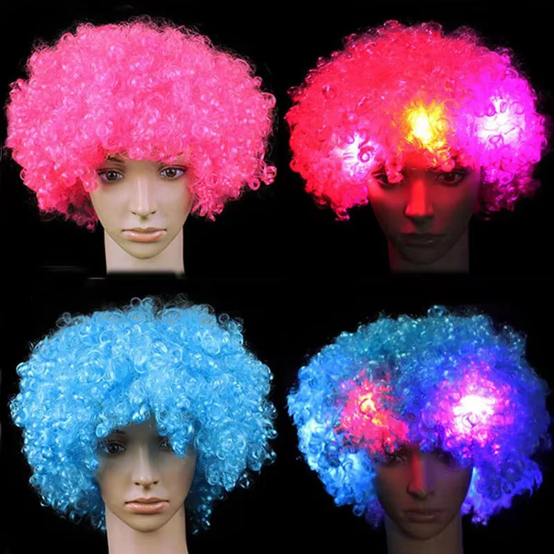 1Pcs LED Explosion Wig Clown Funny Light Curly Fans Circus Cosplay Birthday Rave Costume Glow Party Supplies Wedding Festival