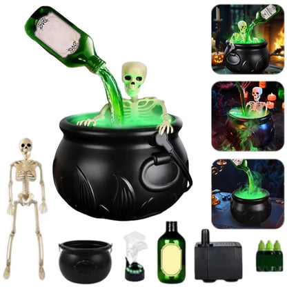 Witch Bowl Spooky Witch Mist Maker Cauldron with Floating Bottle Black Plastic Cauldron & Skeleton Halloween Decor LED Cauldron