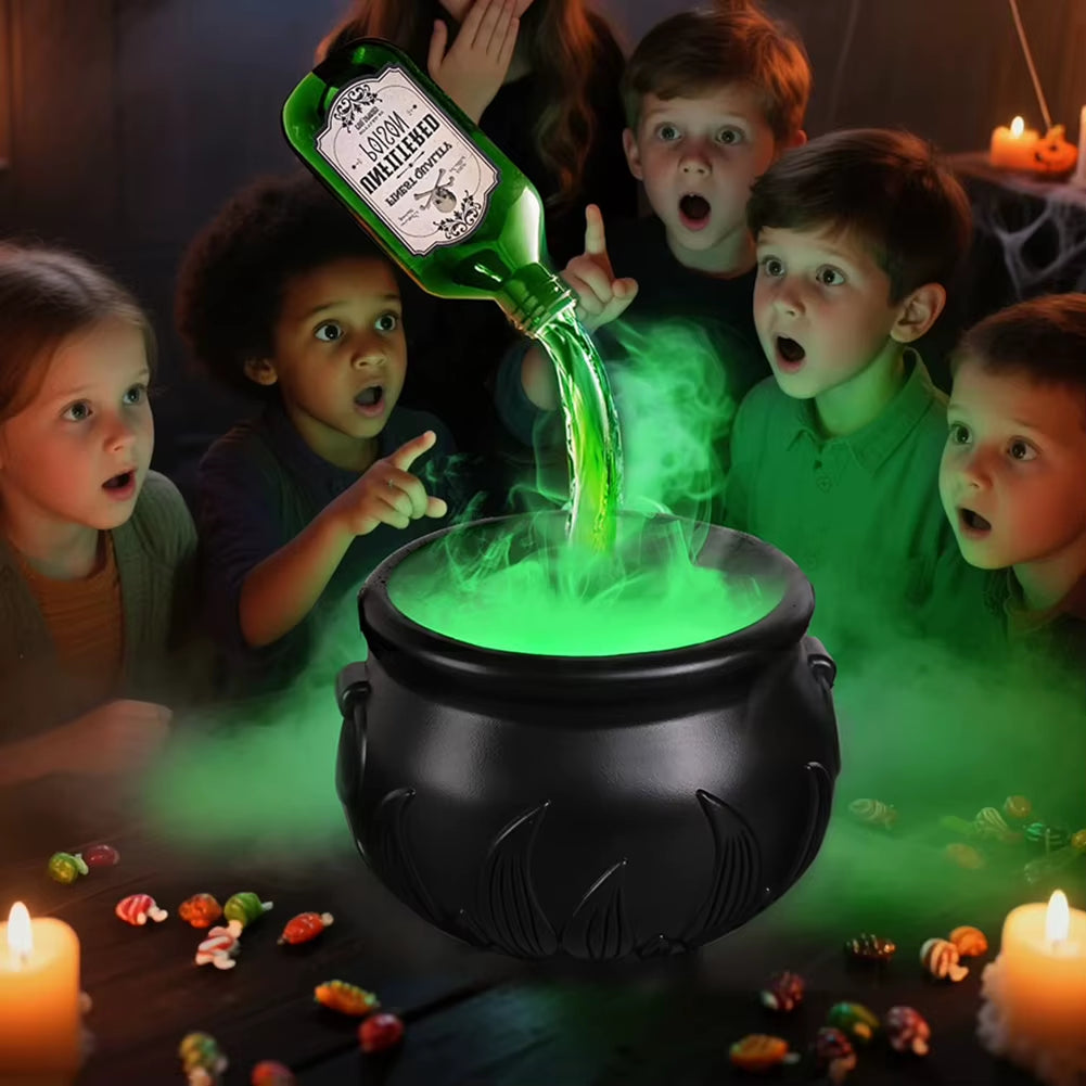 Witch Bowl Spooky Witch Mist Maker Cauldron with Floating Bottle Black Plastic Cauldron & Skeleton Halloween Decor LED Cauldron