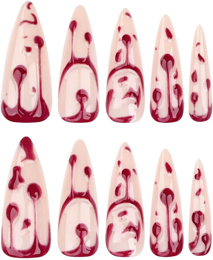 24 Pz Stile Francese Lungo Puntato Sangue Goccia Falso Chiodo Rosso Fiamma Tinto Unghie False Halloween Unghie False Stampa Su Unghie per Le Donne (A, 24)