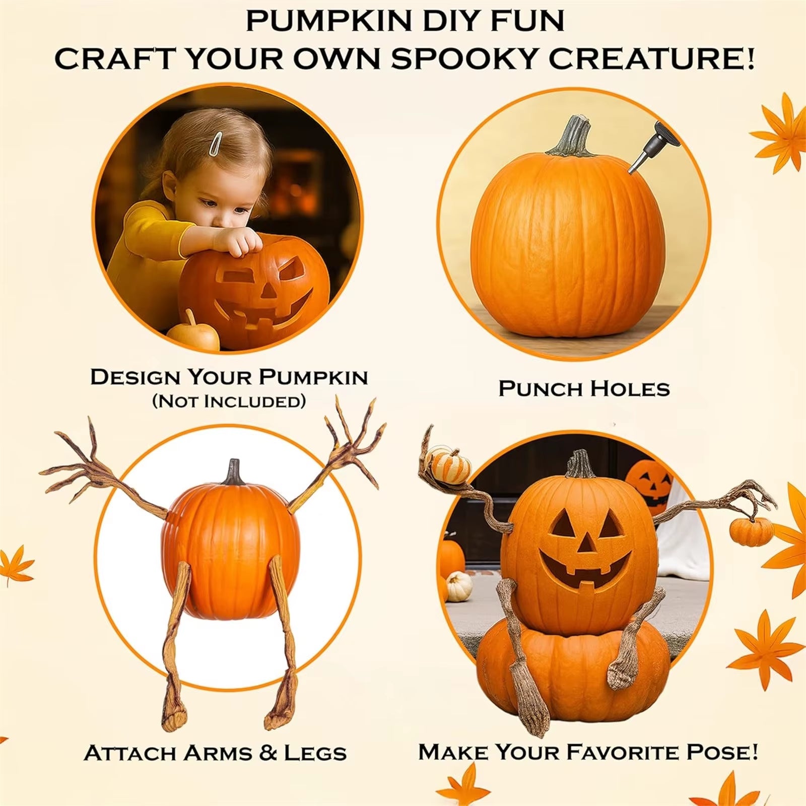 Halloween Bendable Pumpkin Arms and Legs Ornaments Statue Garden Home Decoration Desktop Thanksgiving Autumn Harvest Festival