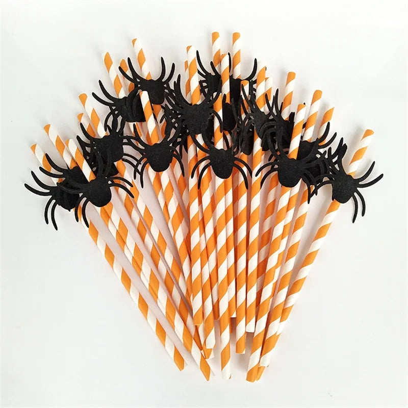 25Pcs Halloween Disposable Party Straws Bat Skull Drinking Straws Holiday Bar Home Party Halloween Decoration