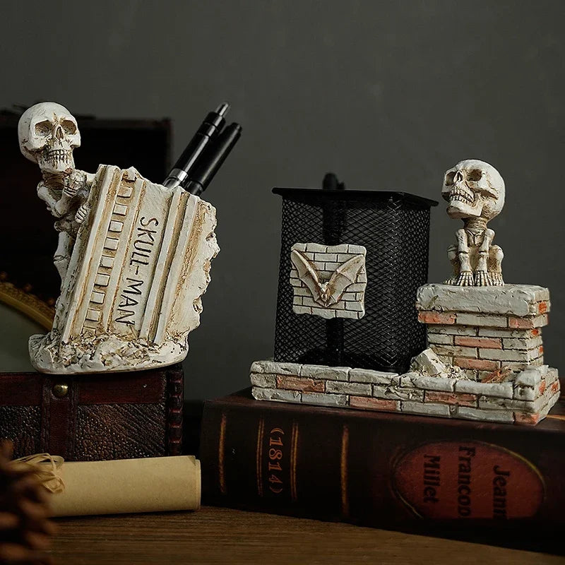 Halloween Skull Pen Pencil Holder Skeleton Key Holder Makeup Brush Holder Home Office Desk Supplies Organizer Accessory Gifts