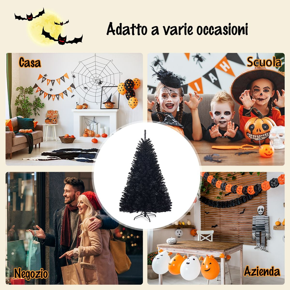 Albero Di Natale 180 Cm, 1036 Rami, Abete Artificiale Non Illuminato Con Base Solida Di Metallo, Nero
