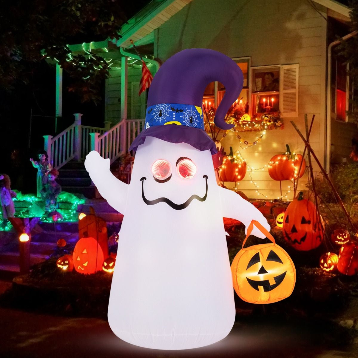 Halloween Inflatabile 180Cm Con Jack-O-Lantern Cappello Da Strega Luce Ad Effetto Specchio Infinito, Fantasma Carino