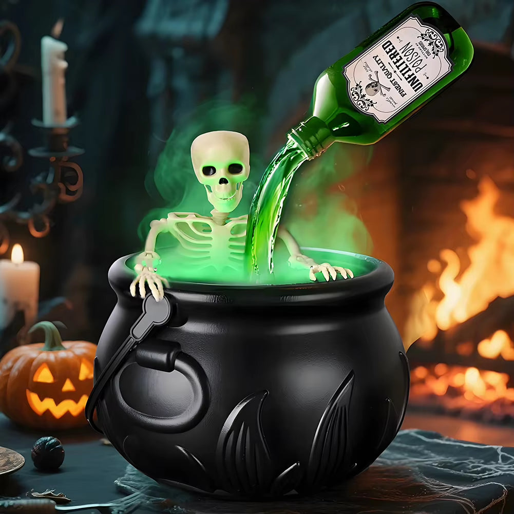 Witch Bowl Spooky Witch Mist Maker Cauldron with Floating Bottle Black Plastic Cauldron & Skeleton Halloween Decor LED Cauldron