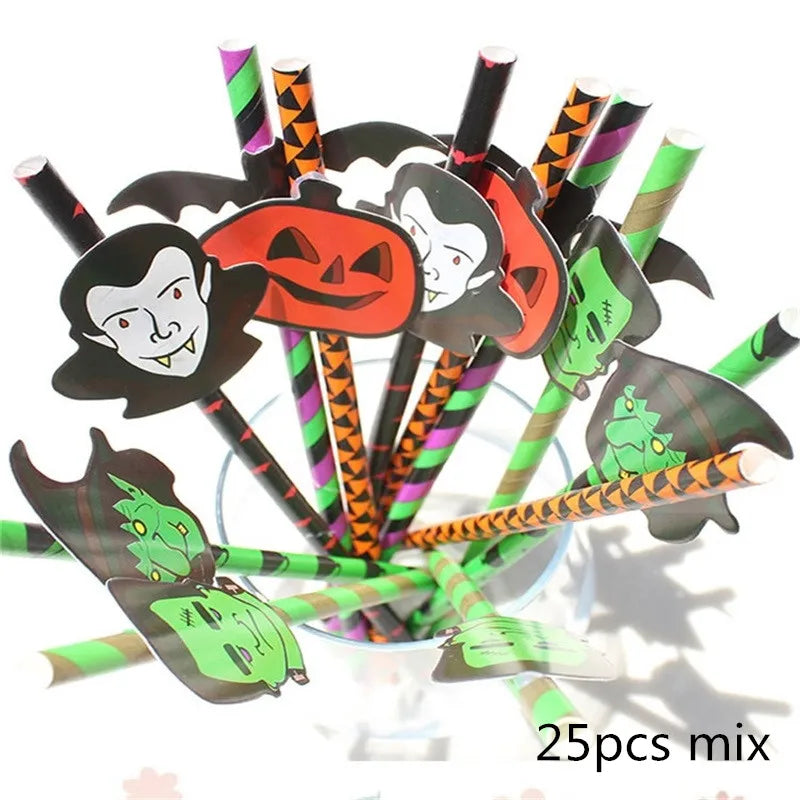 25Pcs Halloween Disposable Party Straws Bat Skull Drinking Straws Holiday Bar Home Party Halloween Decoration
