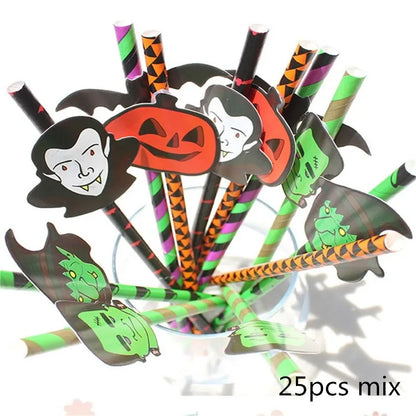 25Pcs Halloween Disposable Party Straws Bat Skull Drinking Straws Holiday Bar Home Party Halloween Decoration