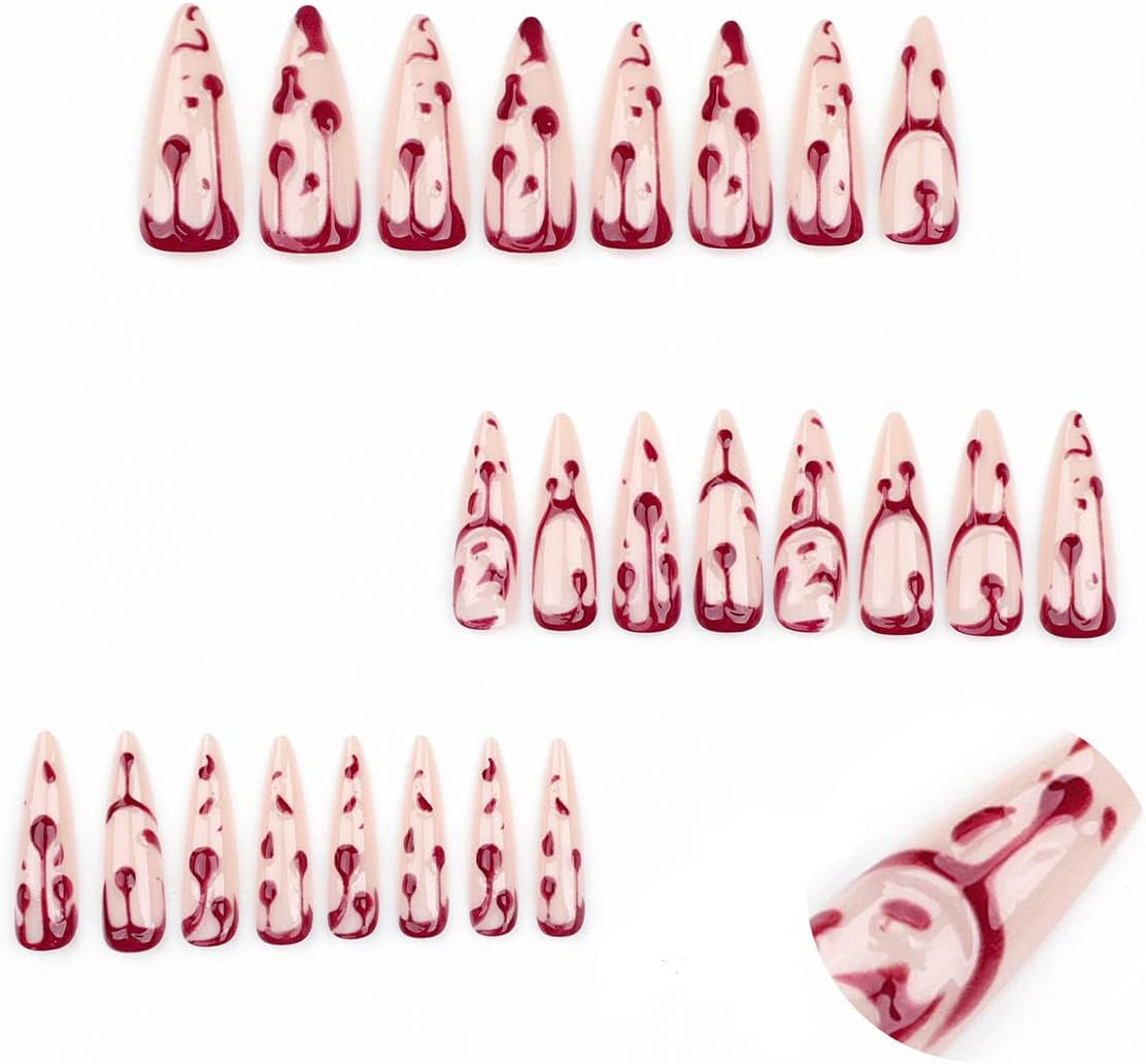 24 Pz Stile Francese Lungo Puntato Sangue Goccia Falso Chiodo Rosso Fiamma Tinto Unghie False Halloween Unghie False Stampa Su Unghie per Le Donne (A, 24)