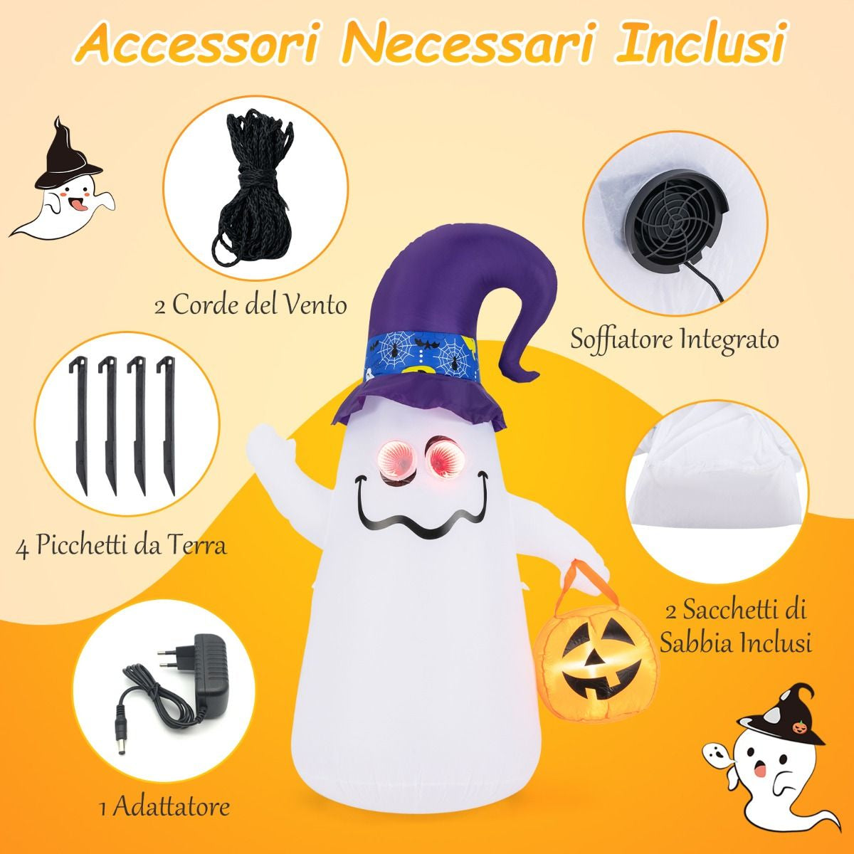 Halloween Inflatabile 180Cm Con Jack-O-Lantern Cappello Da Strega Luce Ad Effetto Specchio Infinito, Fantasma Carino