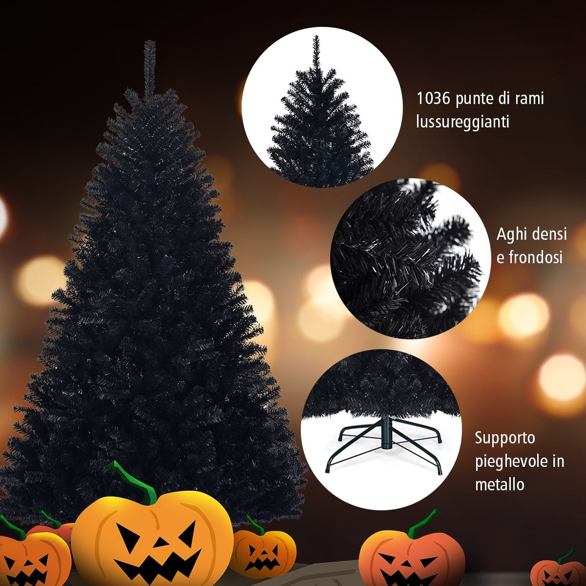 Albero Di Natale 180 Cm, 1036 Rami, Abete Artificiale Non Illuminato Con Base Solida Di Metallo, Nero