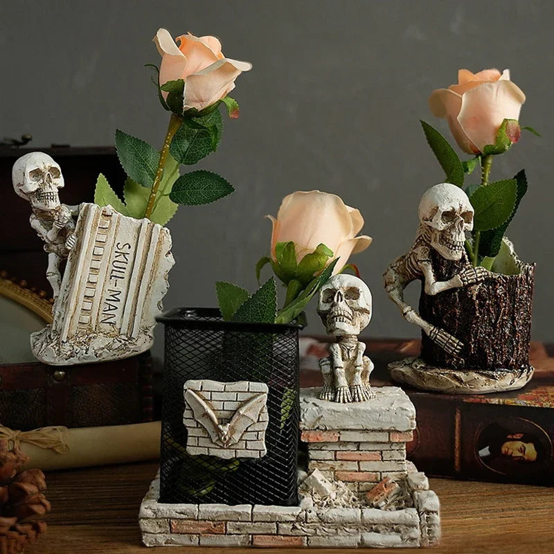 Halloween Skull Pen Pencil Holder Skeleton Key Holder Makeup Brush Holder Home Office Desk Supplies Organizer Accessory Gifts