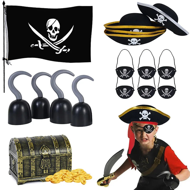 Pirate Captain Cosplay Costume Props Set Kids Halloween Hat Hook Skeleton Eye Patch Pirate Party Halloween Decoration Supplies
