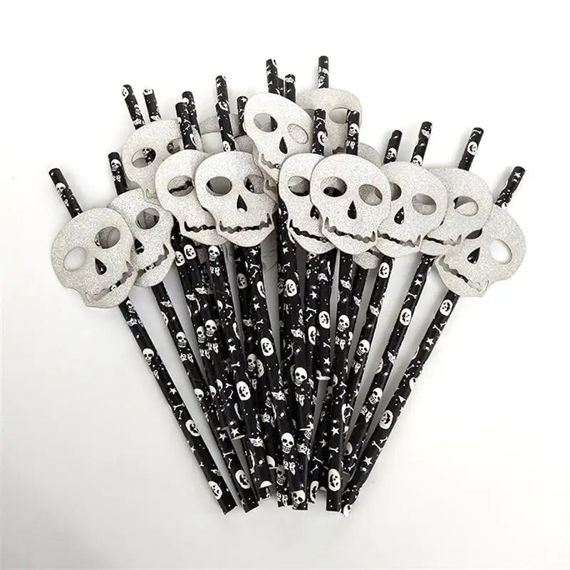 25Pcs Halloween Disposable Party Straws Bat Skull Drinking Straws Holiday Bar Home Party Halloween Decoration